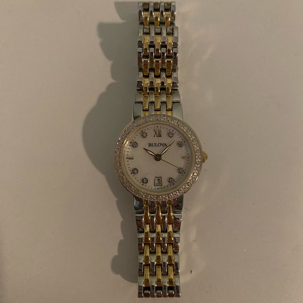 Bulova 2 tone silver and gold diamond watch